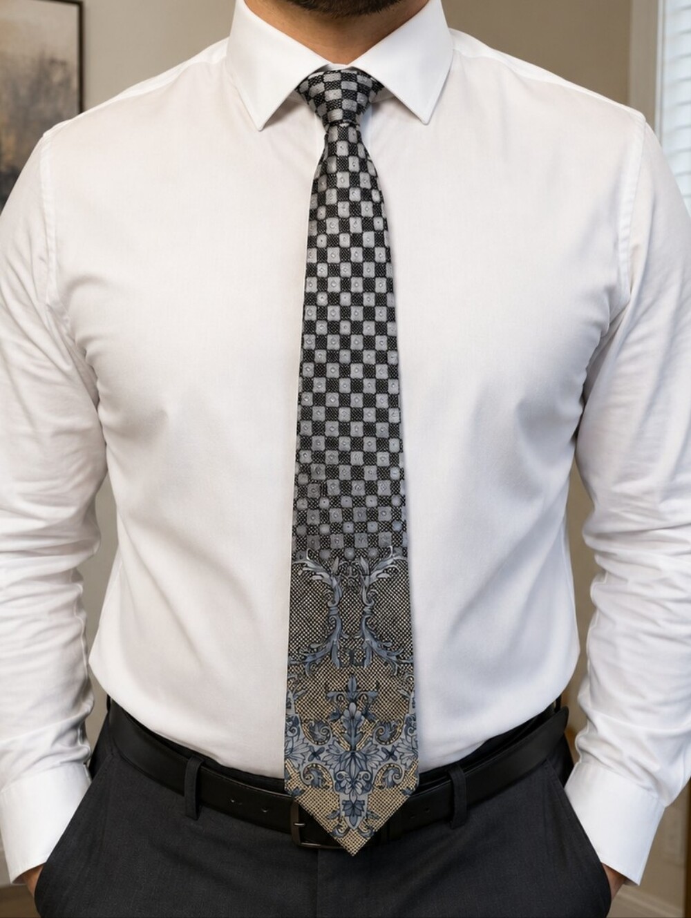 Vintage Gianni Versace Silk Tie -  Baroque Geometric Micro Pattern